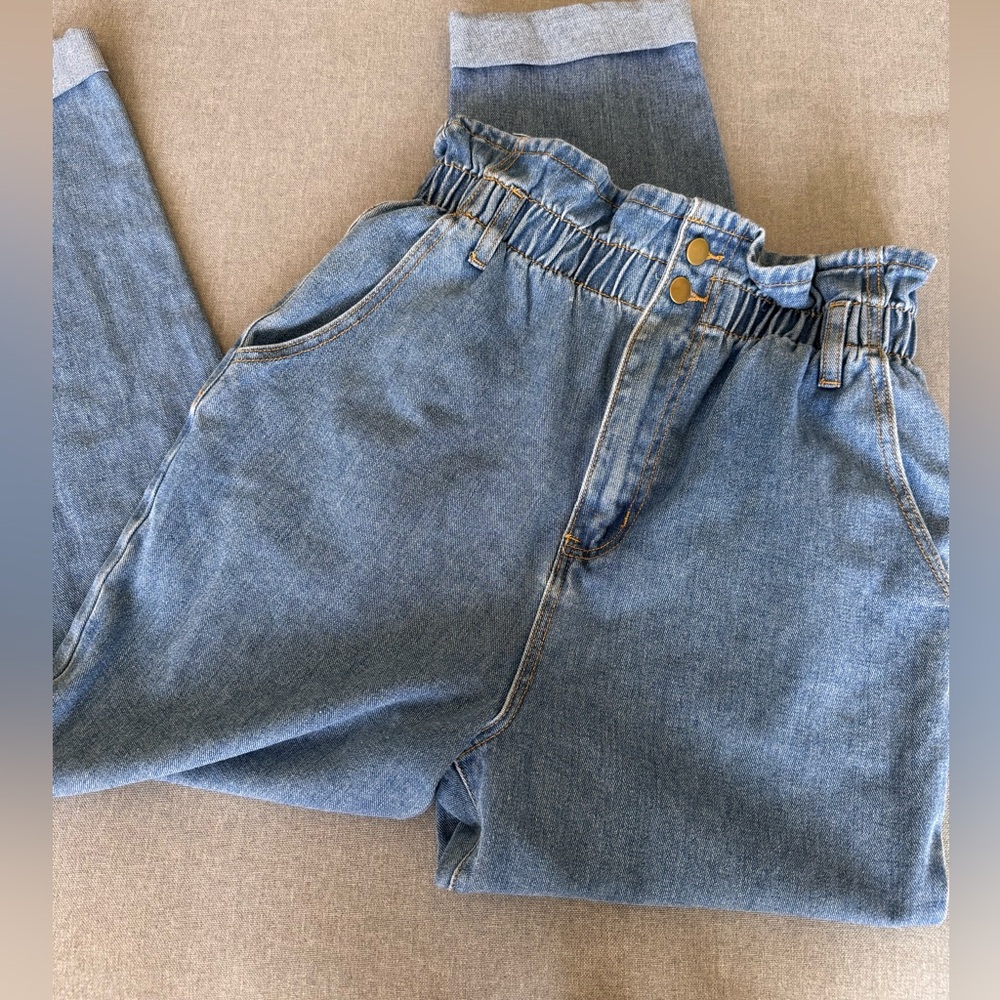 Stylish Blue High-Waisted PaperBag Jeans